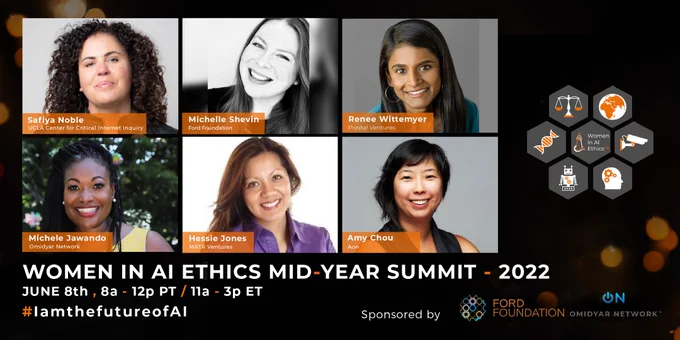 Promotional image for the Women in AI Ethics Mid-Year Summit - 2022. June 8th, 8AM-12PM PT/11AM-3PM ET. #IAmTheFutureOfAI sponsored by the Ford Foundation and the Omidyar Network. Images of 6 speakers, Safiya Noble, Michelle Shevin, Renee Wittemyer, Michelle Jawando, Hessie Jones, and Amy Chou.