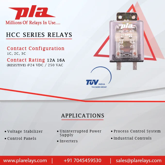 HCC Series Relay
Contact Configuration
1C,2C,3C
Contact Rating 12A , 16A
@24 VDC / 240 VAC
Pla Relays
Contact Now
http://plarelays.com
sales@plarelays.com
#plarelays #pluguinrelay #HCC #contact #application   #manufacturer #psr #customized #newlaunch #contactnow #sales #switch #components #controlpanel #electromagnetic #industrial
