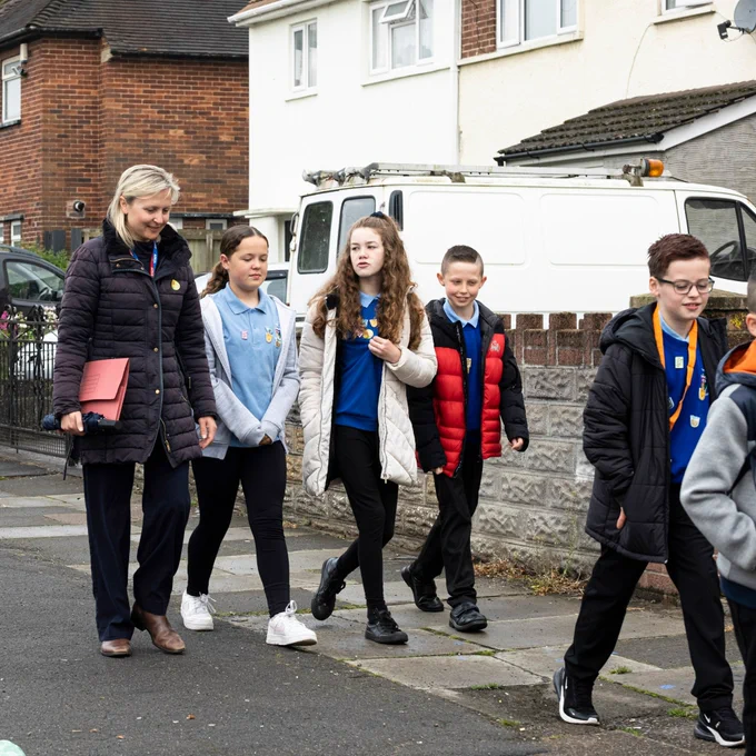 Pupils from Trelai Primary School in Ely on the morning walk to school. 