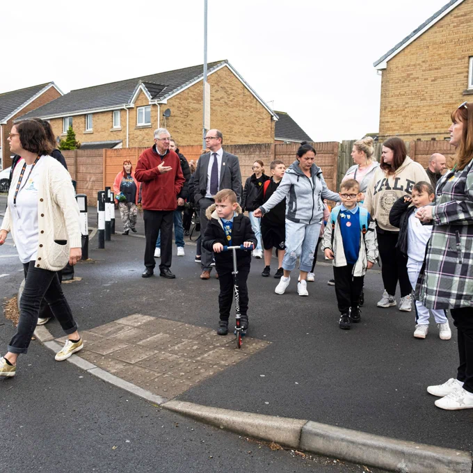 Pupils from Trelai Primary School in Ely on the morning walk to school. 