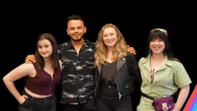 Photo of Born This Way Foundation’s youth advisors Danielle Boyerr, Keely Cat-Wells, Sophie Szew, and #CHANNELKINDNESS author and mental health advocate, Juan Acosta posing for a picture against a black background with Born This Way Foundation’s colored branding at the bottom right.