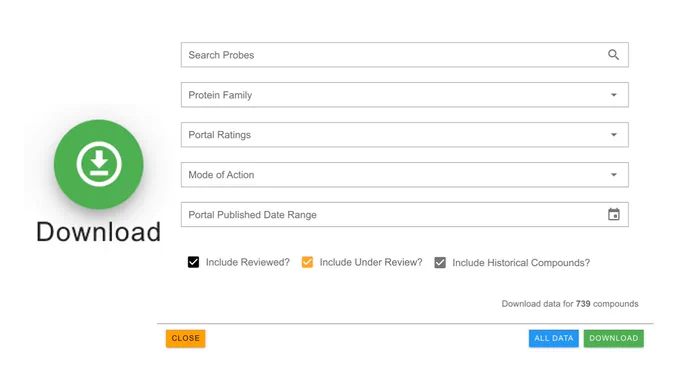 The new download feature for the Chemical Probes Portal. 
The feature enables filtering by probe name, protein family, Portal rating, mode of action and the date the compound was added to the Portal, as well as the stage in the review process. 