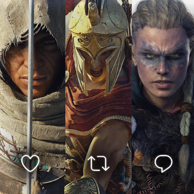 An image of three characters standing in a combat stance. On the left stands a hooded man holding a sword, in the middle is a female Spartan warrior striking with a spear and on the right is a female Viking. 
Beneath them are the Twitter like, retweet and reply icons.