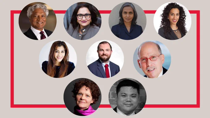 Russell Juriansz ’72, Ena Chadha ’08 (LLM), Ramani Nadarajah ’87, ’07 (LLM), Maneesha Gupta ’17, Ann Marina Elias ’13, Lucas Kilravey ’18, Samuel Schwartz ’72, Tracy Heffernan ’93 & Derrick Guo ’08