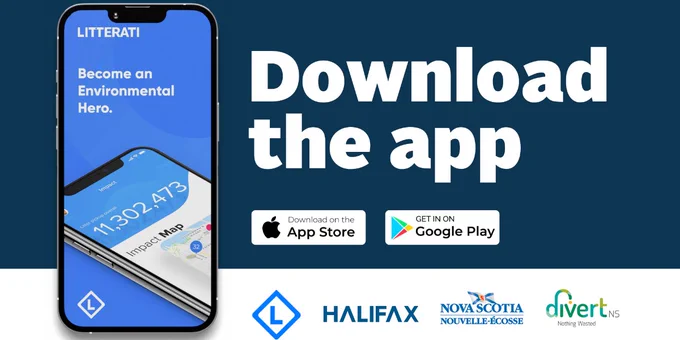 A phone screen shows the Litterati loading screen. Text reads: Download the Litterati App. Two badges indicate that the app is available on the app store and google play. The logos for Litterati, Halifax, Nova Scotia, and Divert NS.