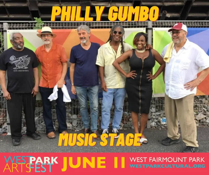 Philly Gumbo band 6 band members standing. Text reads Music Stage June 11.