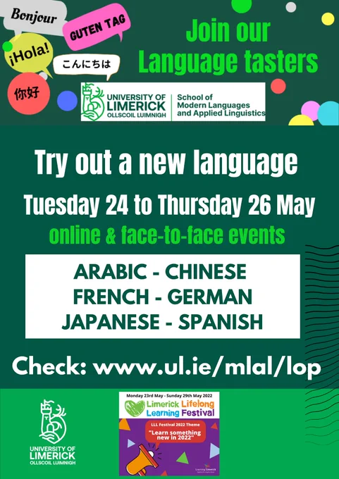 Poster advertising the language tasters 
for info visit www.ul.ie/mlal/lop
