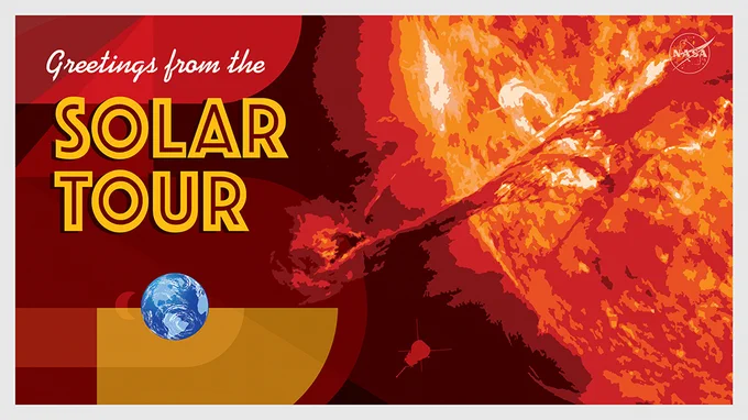 #SolarTour postcard. Intro to solar tour. A graphic of the Sun emitting a CME is on the right and the words "Greetings from the Solar Tour" are on the left