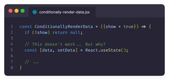 Alt: A React functional component that returns null conditionally before a useState, which is not allowed.