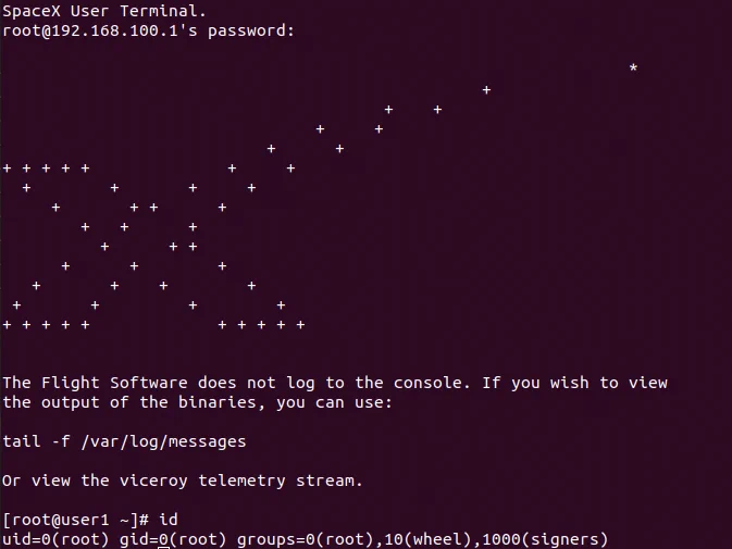 Screenshot from a terminal showing an SSH connection to the Starlink UT. The "id" command outputs "uid=0(root)".