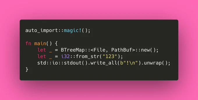 auto_import::magic!();

fn main() {
    let _ = BTreeMap::<File, PathBuf>::new();
    let _ = i32::from_str("123");
    std::io::stdout().write_all(b"!\n").unwrap();
}