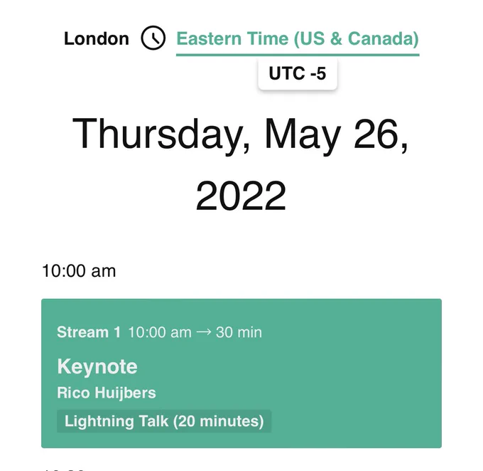 A screenshot of the cdk day schedule for 26th May 2022 showing just the first talk being the keynote on track one.