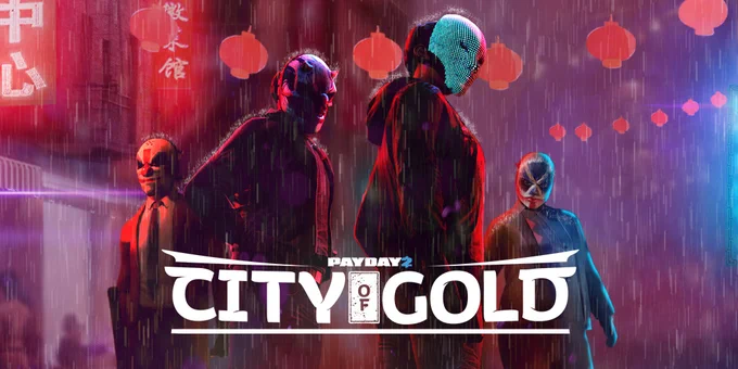Four heisters standing in front of an Asian backdrop, with Chinese letters on store signs and paper lanterns.