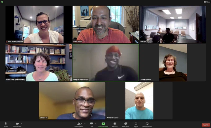 Screen capture showing eight participants on a Zoom call for a pre-screening of Voices of Reentry, a documentary. 