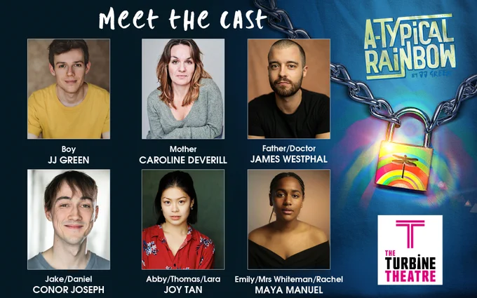 A blue graphic announcing 'Meet The Cast of 'A-Typical Rainbow'
A New Play by JJ Green

Boy - JJ Green
Mother - Caroline Deverill
Father/Doctor - James Westphal
Jake/Daniel - Conor Joseph
Abby/Thomas/Lara - Joy Tan
Emily/Mrs Whiteman/Rachel - Maya Manuel

Six photos in a grid format show the faces of the six actors.