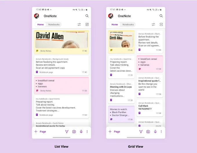 Picture of new OneNote Android home page view