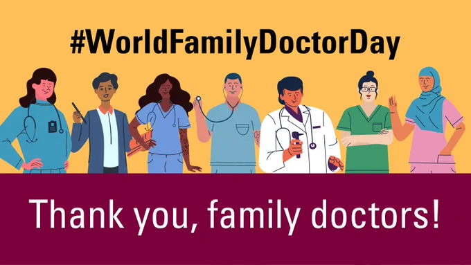 A graphic with cartoon images of family doctors of different races and genders. Representing that family doctors work in a variety of settings wearing scrubs, white coats, and business casual clothes.
