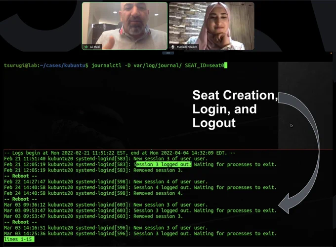 Showing two linux terminals, one using the command 'journalctl -D var/log/journal/ SEAT_ID=seat0' with the resulting user login events in the second terminal screenshot.