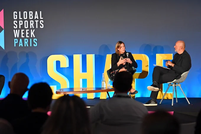 Katherine Grainger mid-conversation with the presenter on stage at the Global Sport week 