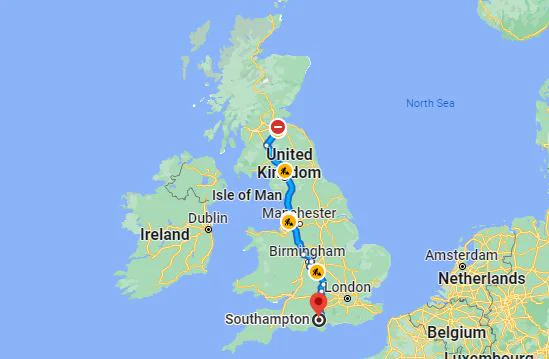 Screenshot of a map of Britain with the route from Edinburgh to Southampton marked out.