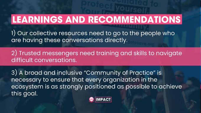 Image with blue background and text that reads: learning and recommendations: our collective resources need to go to people who are having these convo's directly