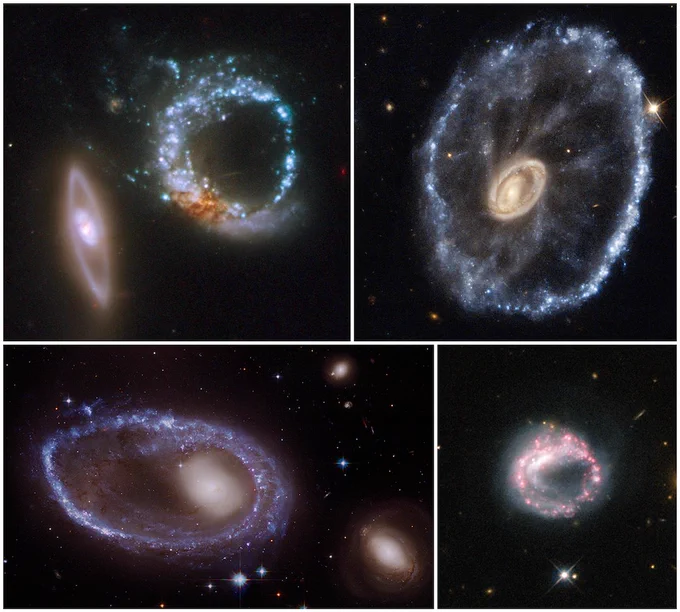 This image is of four rings galaxies. Scientists think most of them form in monster-sized crashes. Not just any galaxy collision will do the trick, though. To produce the ring shape, a smaller galaxy needs to ram through the center of a larger galaxy at just the perfect angle.