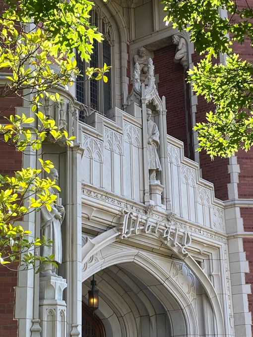 Two views of south entrance to Bizzell Memorial Library, with close-up of "Library" over doorway