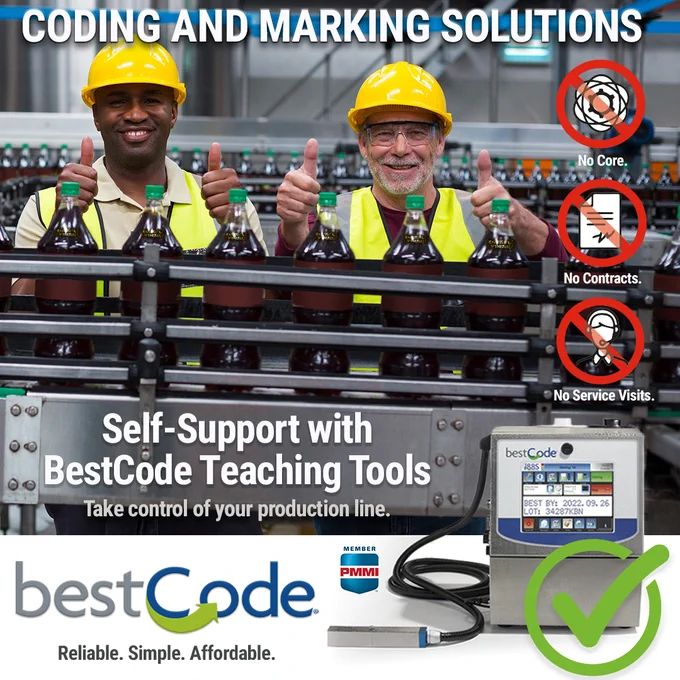 BestCode Coding and Marking Solutions. No Core required. No service contracts. No service visits. BestCode provides self-support teaching tools and factory training. Replace your aging date coder before it becomes unrepairable. Request a trial today. Call 817.349.8555 or email info@bestcode.co
