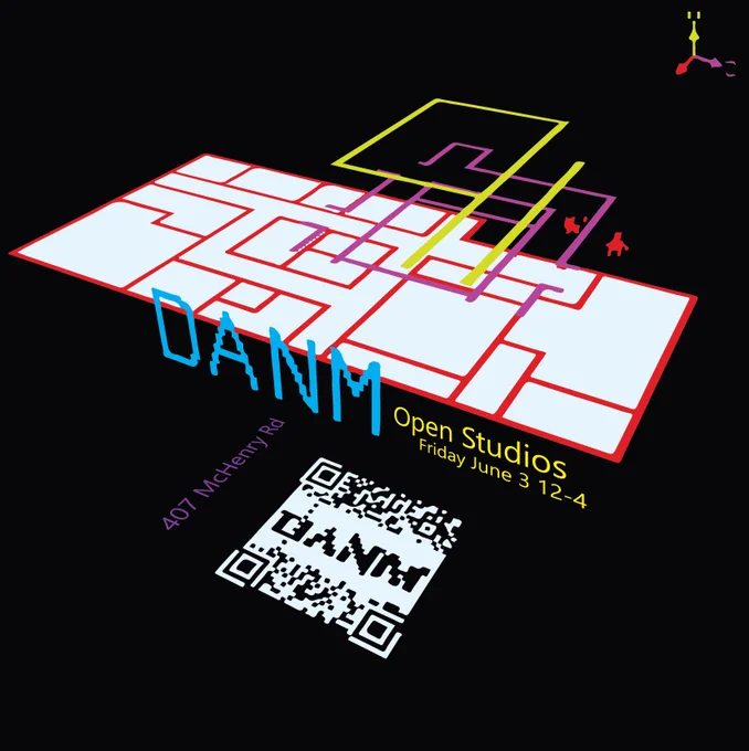 flyer for open studios event, extruded floor plan on black background