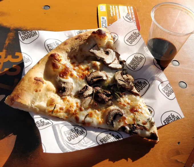 Mushroom "truffle" pizza slice from Fire and Dough, at HWKR MRKT on the river Tyne