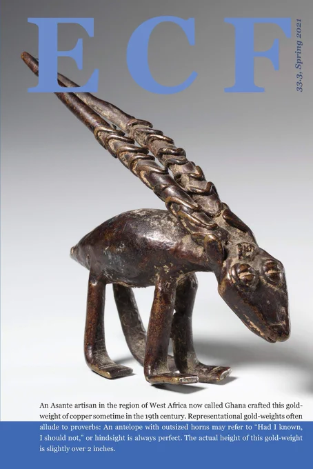 Cover of the academic journal ECF showing a gold-weight sculpture in the form of an antelope with gigantic horns.