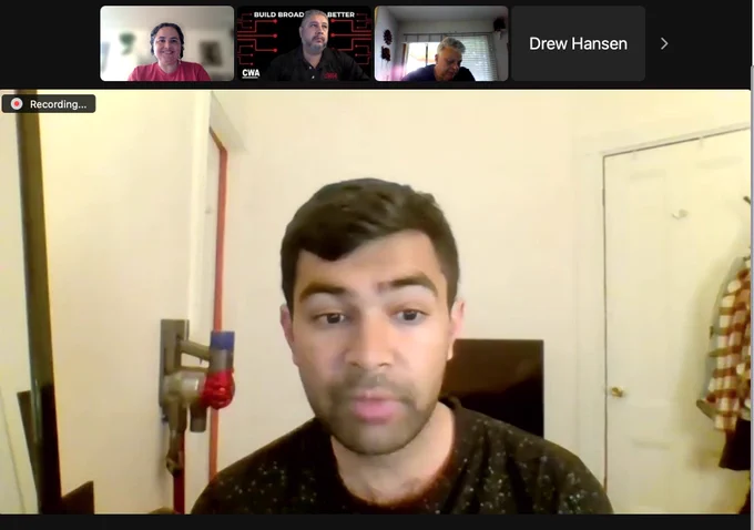 screenshot of zoom meeting -- Laura and CWA person and Drew Hansen show at top
