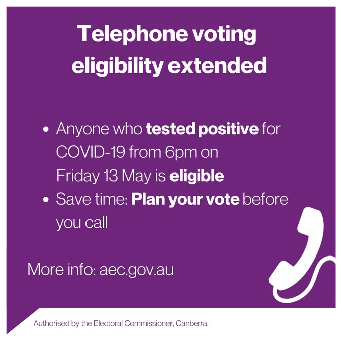 Telephone voting eligibility extended


Anyone who tested positive for COVID-19 from 6pm on Friday 13 May is eligible

Save time: Plan your vote before you call

More info: aec.gov.au 
