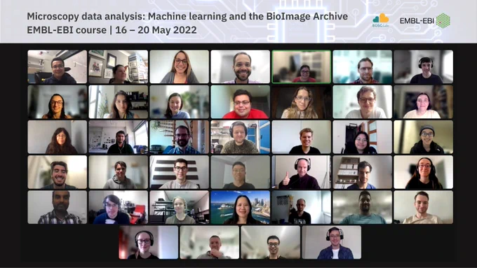 A zoom screenshot of 39 people smiling for a picture. The following text is written above them: Microscopy data analysis: machine learning and the BioImage Archive' EMBL-EBI course. 16 - 20 May 2022. The EMBL-EBI and EOSC life logos are also displayed.