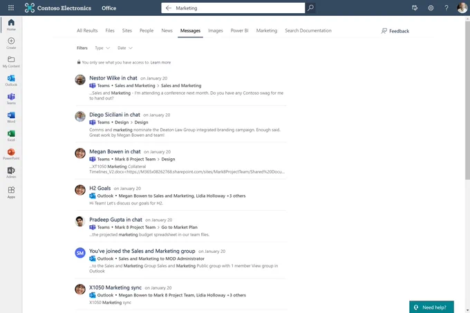 Microsoft Search results page in Office.com displaying results from Microsoft Teams and Microsoft Outlook.
