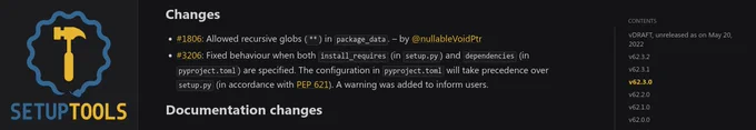 A changelog for Setuptools v62.3.0 with a change signed by @nullableVoidPtr