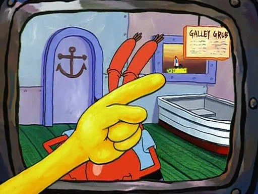 Spongebob pointing to himself partially being visible on television