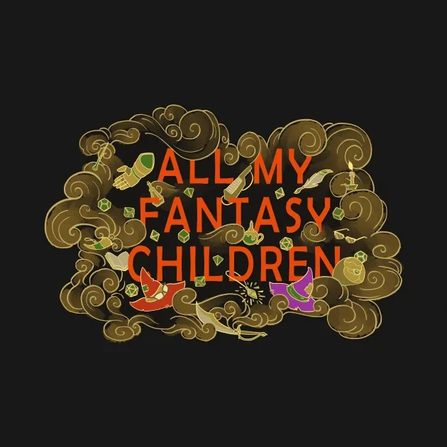 The All My Fantasy Children logo, designed by InkOcculi. Swirling mists, dice, and magical items (wizard hats, quills, prism pendants, gauntlets, and eyeglasses) surround the title: All My Fantasy Children.