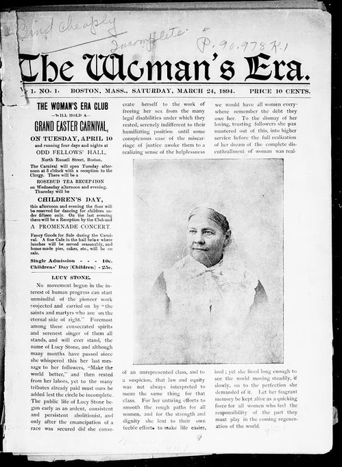 Front cover of "The Woman's Era" vol.  1 no. 1, March 24, 1894. The cover includes a photograph of and story on abolitionist and suffragist Lucy Stone.
