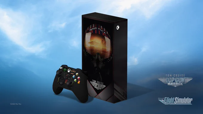 An image of a Top Gun inspired controller and console on a sky background with text in the bottom right corner that reads Tom Cruise: Top Gun Maverick Microsoft Flight Simulator