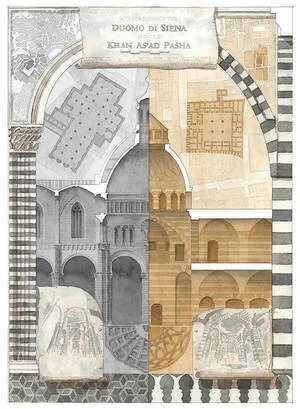 Architectural rendering of a mash up of the duomo di siena and the khan asad pasha