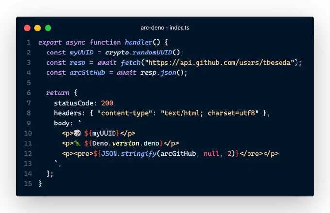 A short TypeScript file demonstrating Deno usage in Architect.