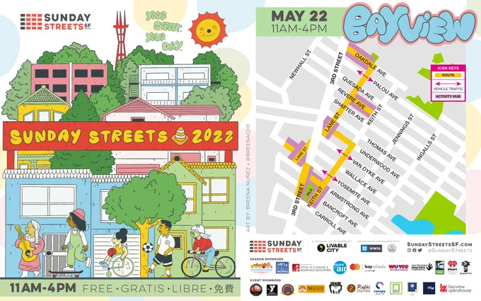 Illustration of San Francisco skyline with playful humans and the wording “Sunday Streets 2022” in the center alongside with Bayview: May 22nd, 2022


Map of Bayview: Sunday May 22nd, 2022
More info: https://www.sundaystreetssf.com/bayview 