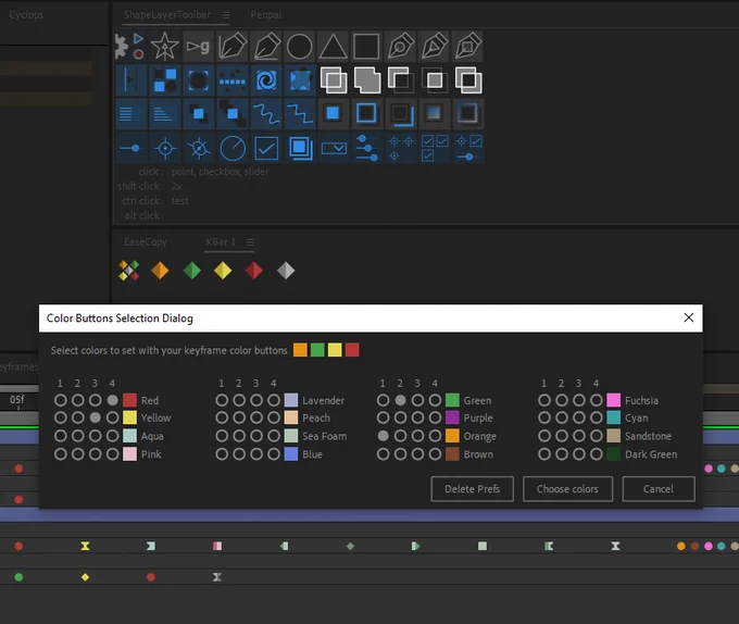 Screenshot of After Effects and a dialog window to choose colors for some buttons to set the colors of keyframes.