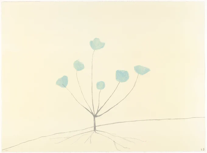 Simple illustration of a plant with six stems created as line black lines with six pale blue blossoms, the plant has thin roots, all on a yellowish cream plain background 