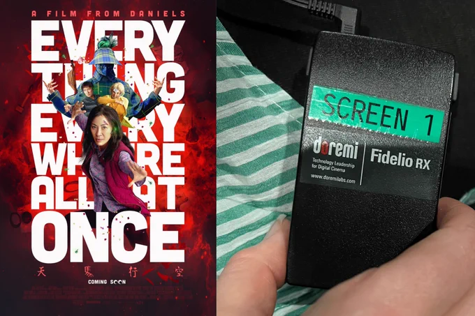 A poster for the film 'Everything Everywhere All At Once' next to a photo of me holding the Doremi Fidelio RX audio receiver which delivered the audio description.