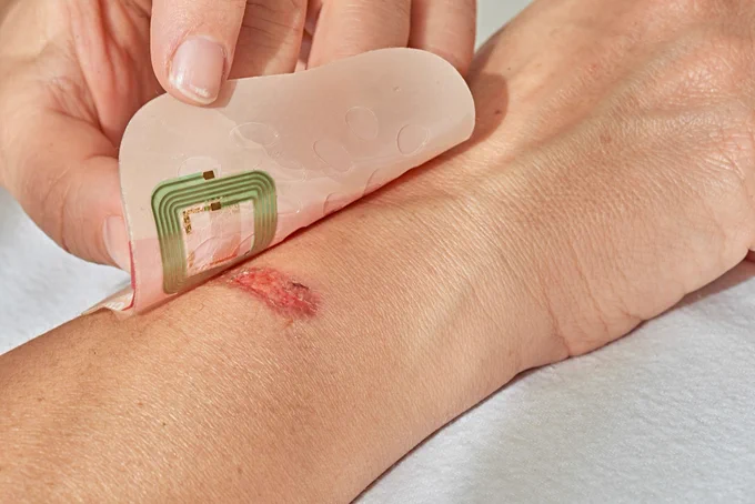 A sensor integrated in bandage covers a Wound.