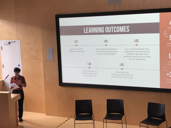 Launch of UCC digital badge on Teaching and Learning with the SDGs, presenter showing slide with 5 learning outcomes of the course