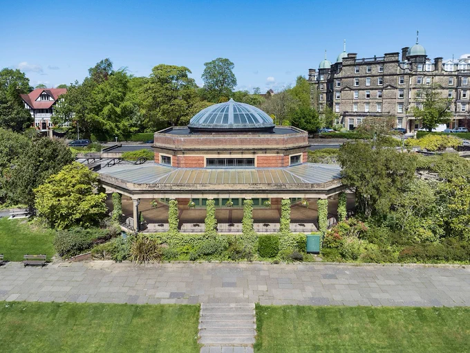 Aerial photograph of the Sun Pavilion in Valley Gardens, Harrogate. Photo courtesy and copyright of Historic England. 