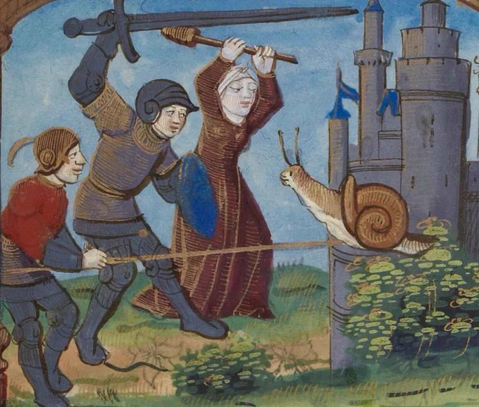 a medieval painting of three people poised to attack a giant snail